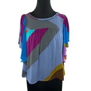 HICHE Purple Blue Multi Geo Bold Print 3/4 Flutter Sleeve Pullover Blouse Top S